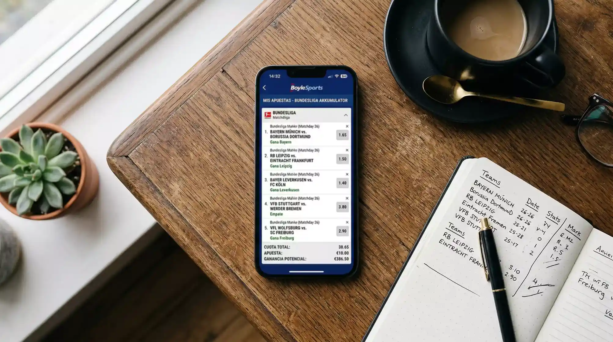 Pantalla de un telefono movil mostrando una lista de selecciones de apuestas de la Bundesliga