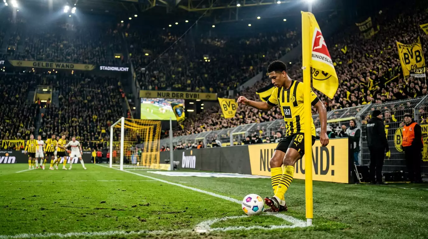 Jugador de la Bundesliga preparando un saque de esquina con el banderín de córner en primer plano