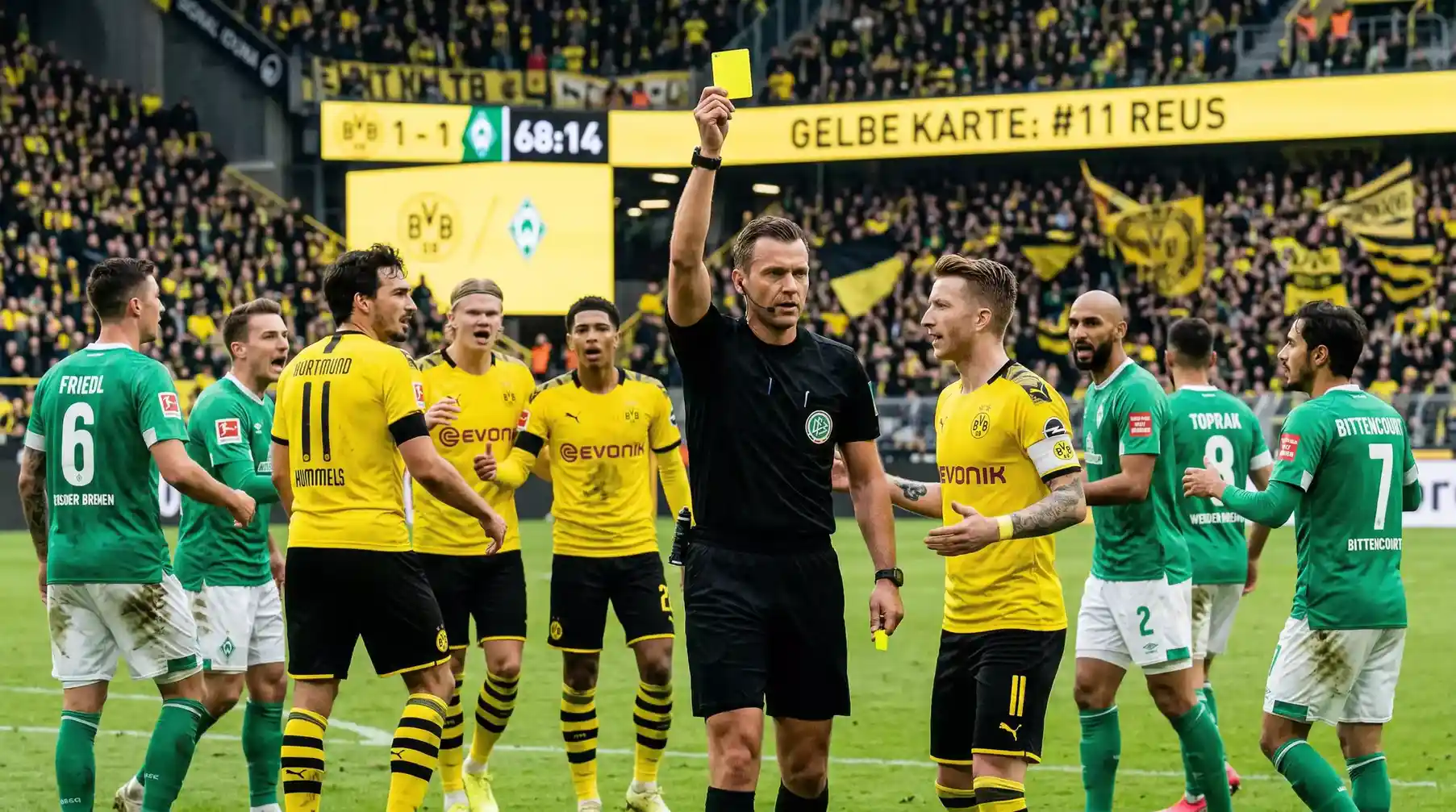 Arbitro de la Bundesliga mostrando una tarjeta amarilla durante un partido con jugadores alrededor