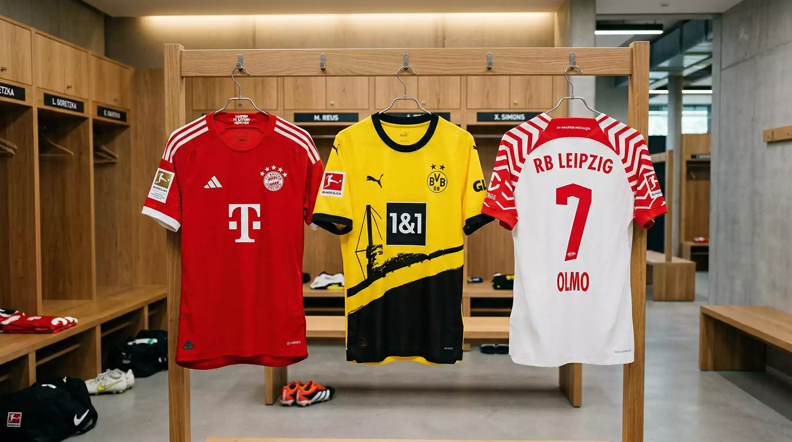 Tres camisetas de futbol de la Bundesliga colgadas en un vestuario representando equipos aspirantes al titulo