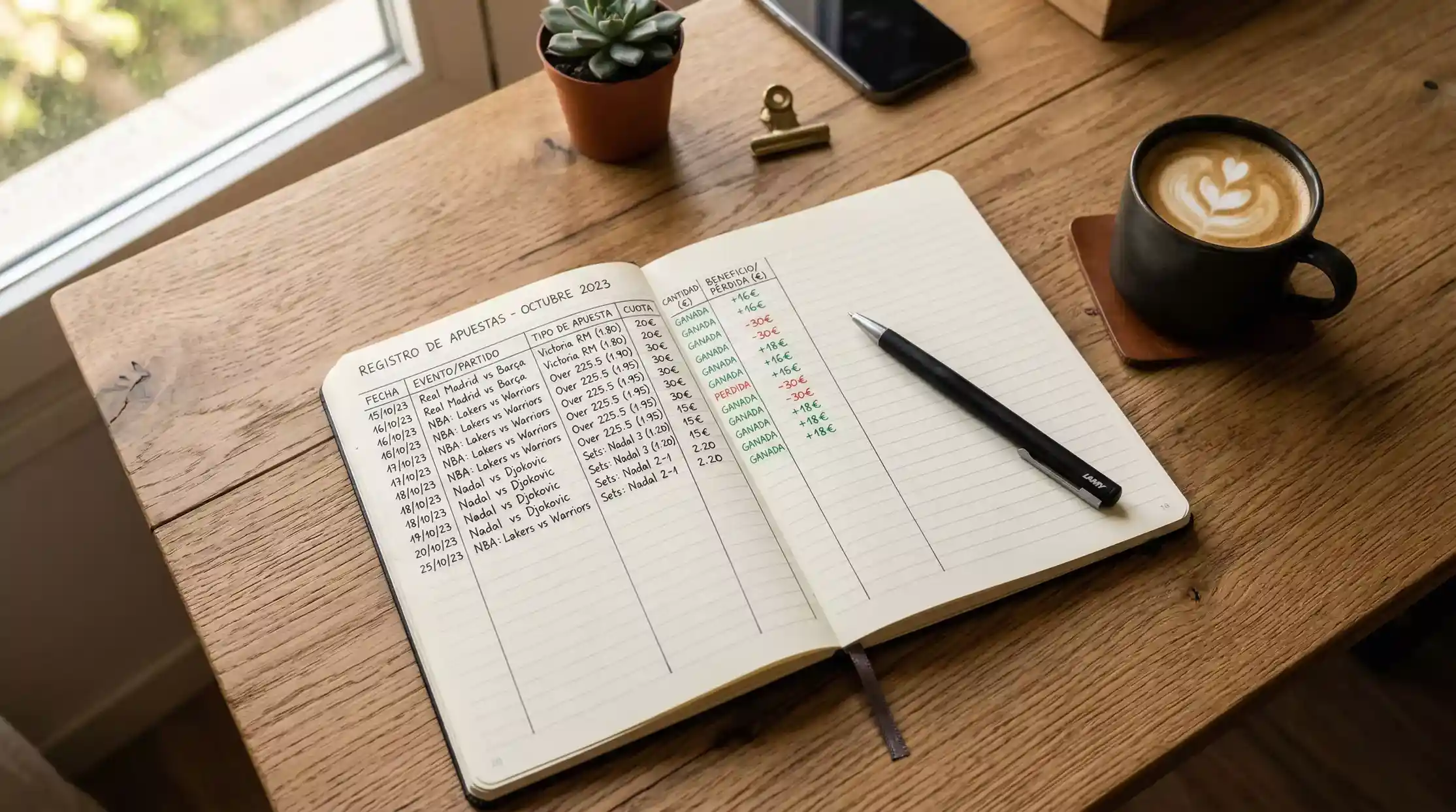 Libreta de registro de apuestas junto a una taza de cafe en un escritorio ordenado