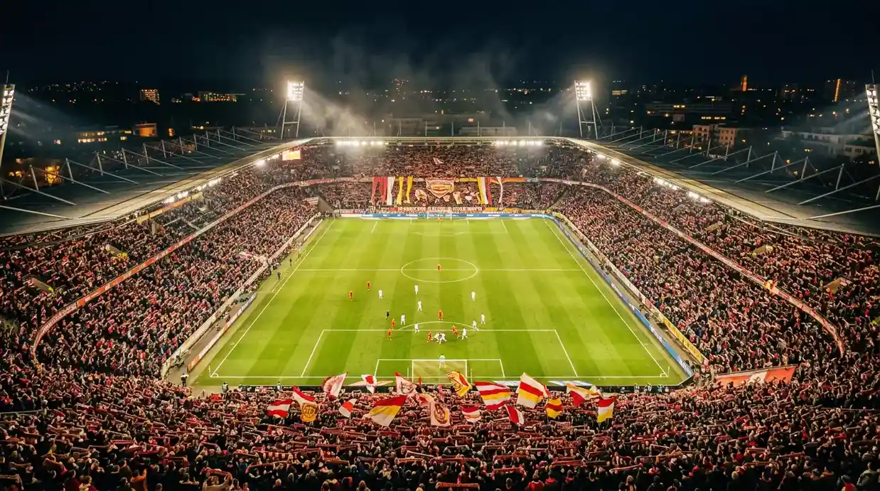 Estadio de la Bundesliga lleno de aficionados durante un partido de liga alemana