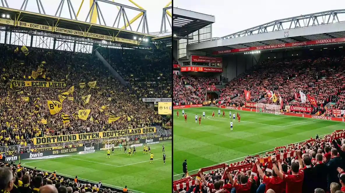 Dos campos de futbol divididos mostrando un estadio de Bundesliga y uno de Premier League