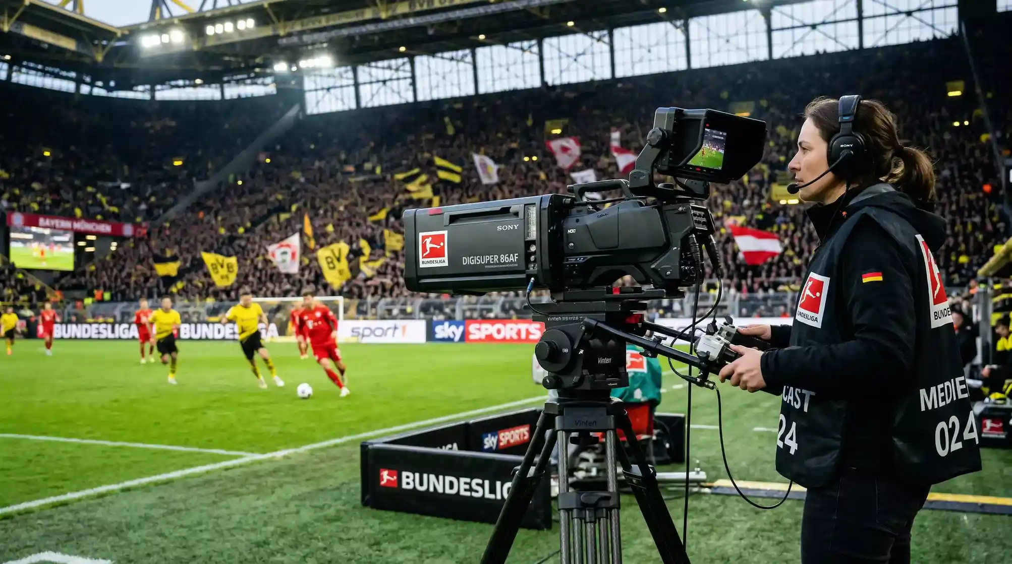 Camara de television profesional enfocando un partido de Bundesliga desde la banda del estadio
