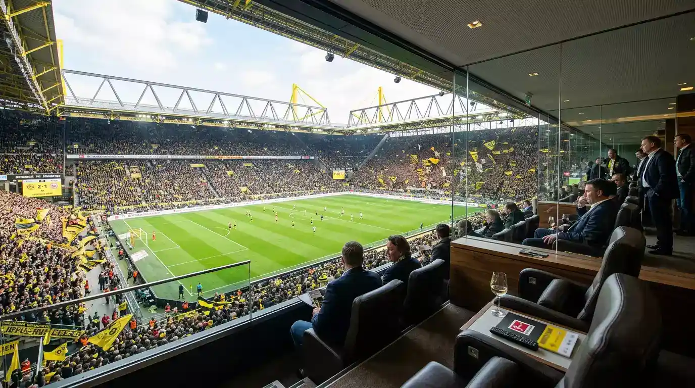 Estadio moderno de la Bundesliga con gradas llenas visto desde un palco corporativo
