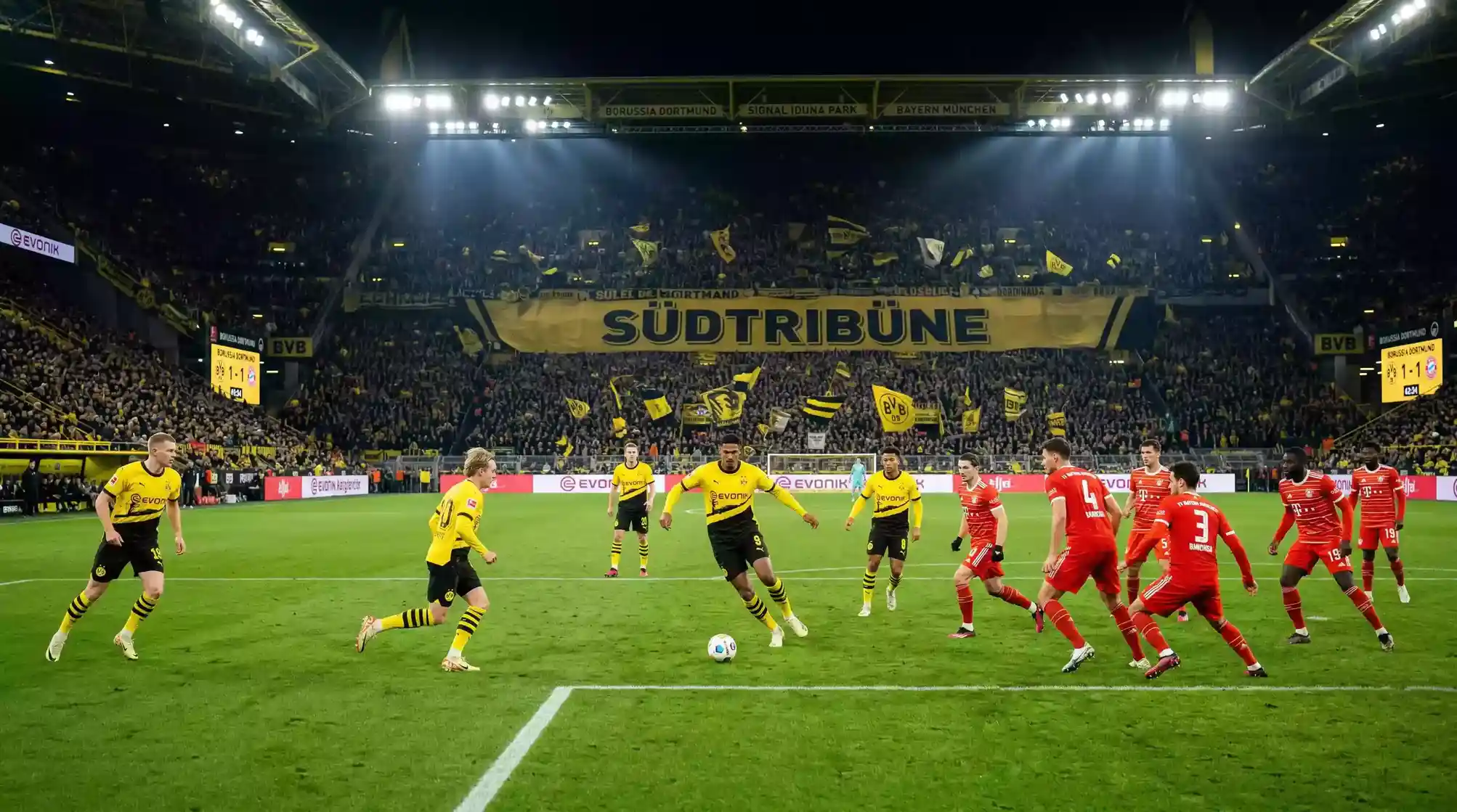 Dos equipos de la Bundesliga enfrentados en el campo con diferencia visible en la posesion del balon