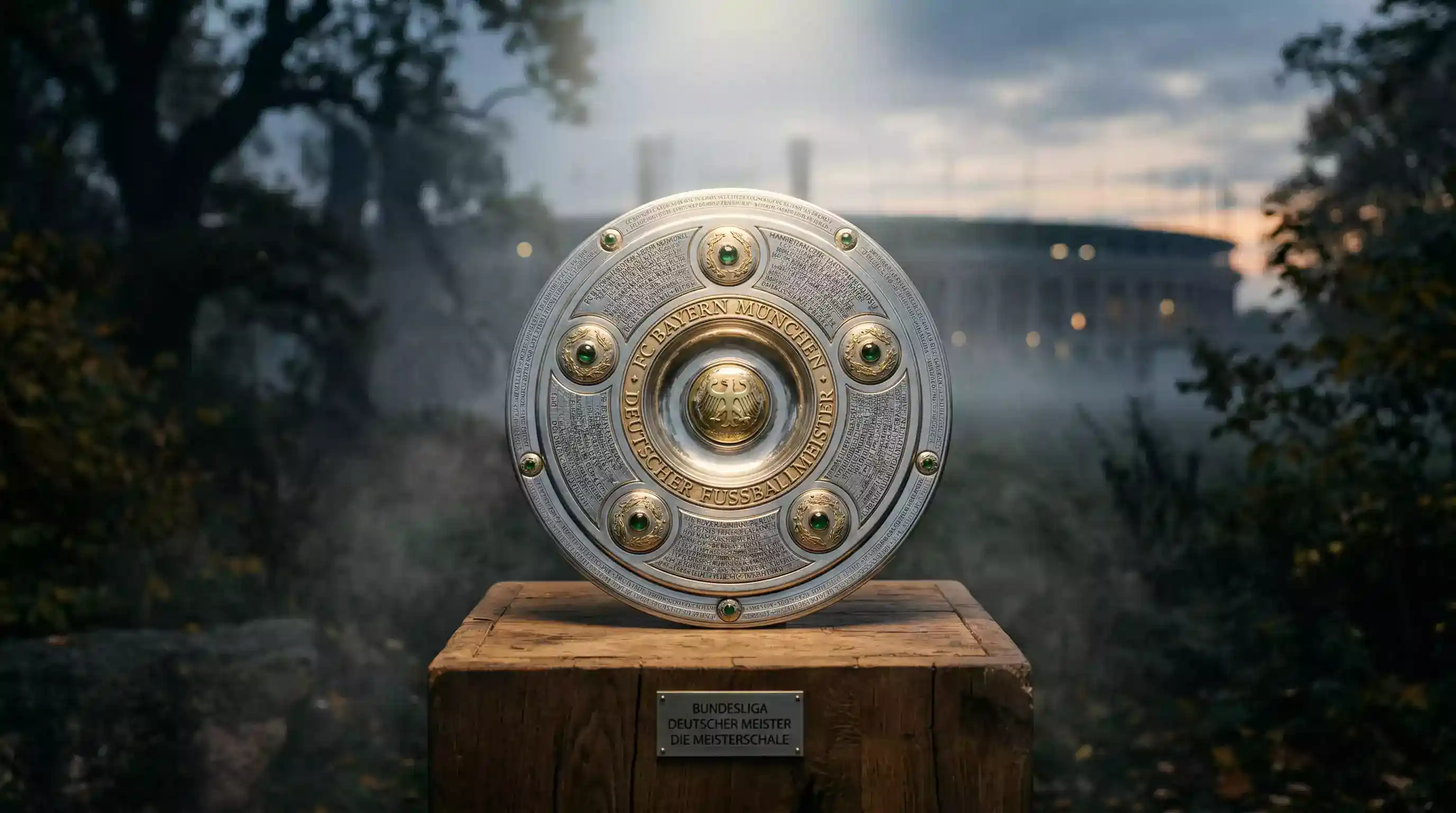 Trofeo Meisterschale de la Bundesliga sobre un pedestal con iluminacion dorada