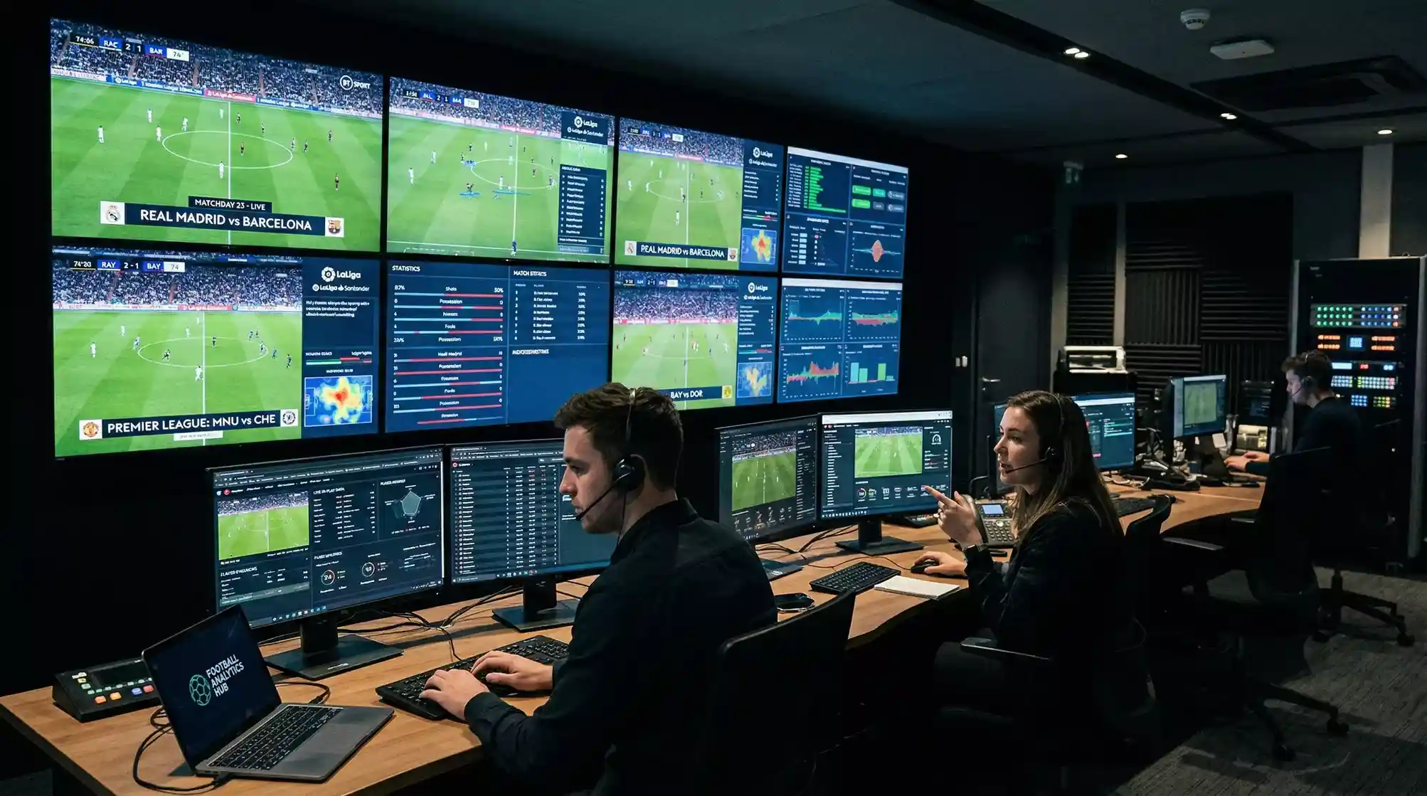 Sala de control con pantallas mostrando datos de monitorizacion de partidos de futbol en tiempo real