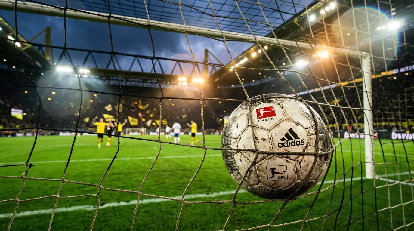 Balon de futbol dentro de la red de una porteria de la Bundesliga tras un gol