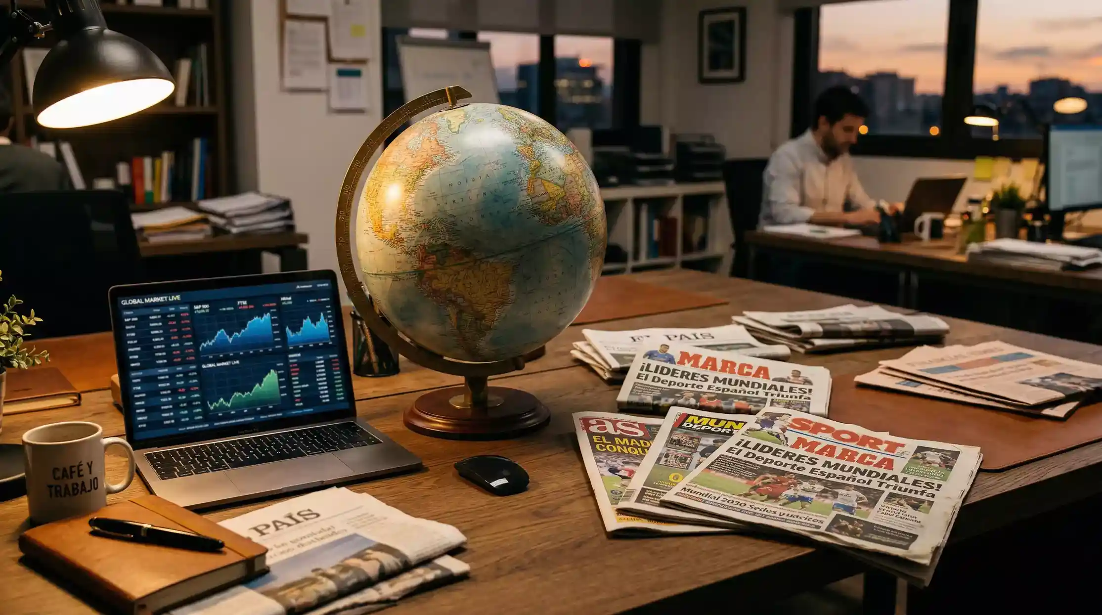 Globo terraqueo con iconos de futbol y conexiones digitales representando el mercado global de apuestas