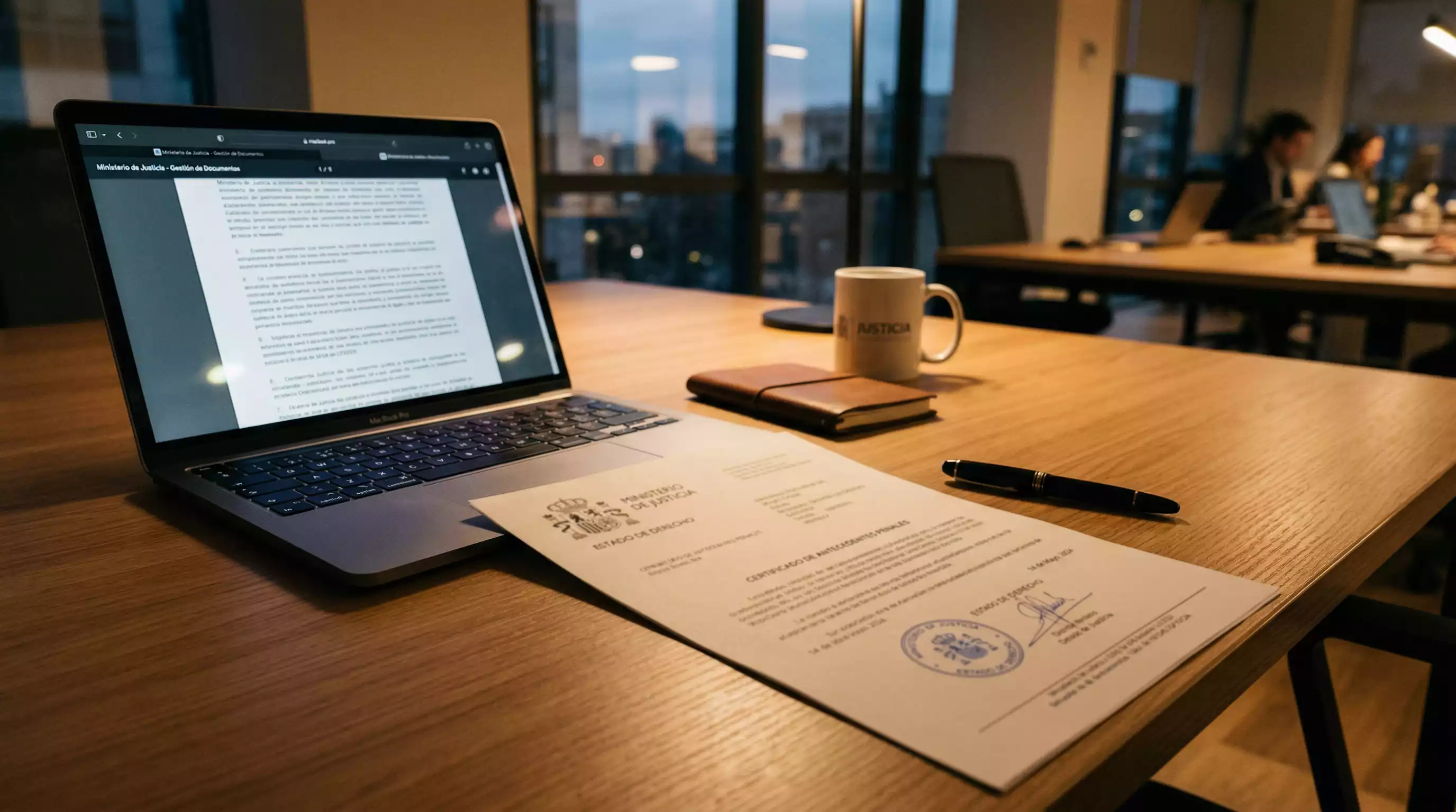 Documento oficial sobre una mesa con el sello de la DGOJ junto a un portatil abierto
